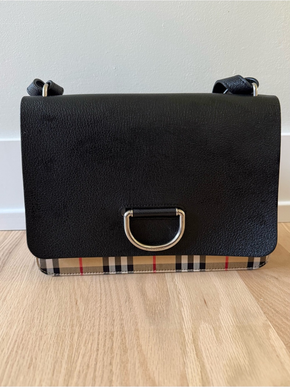 Burberry D-Ring Shoulder Bag Leather with Vintage Check Canvas Medium Black